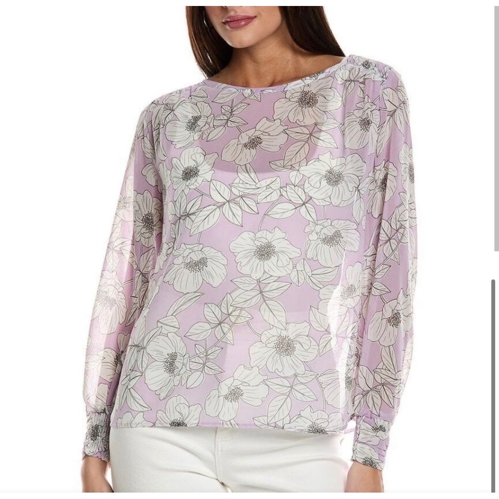Cabi Lavender Floral Long Sleeve Blouse Smocked Cuff Purple White Large 6298